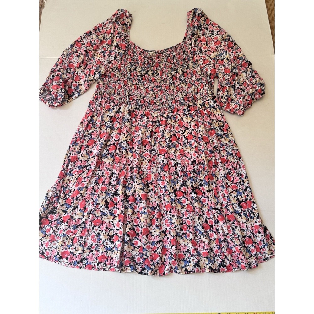 Terra & Sky Floral Smocked Mini Dress Womens 2x Square Neck 3/4 Sleeve - Picture 4 of 13